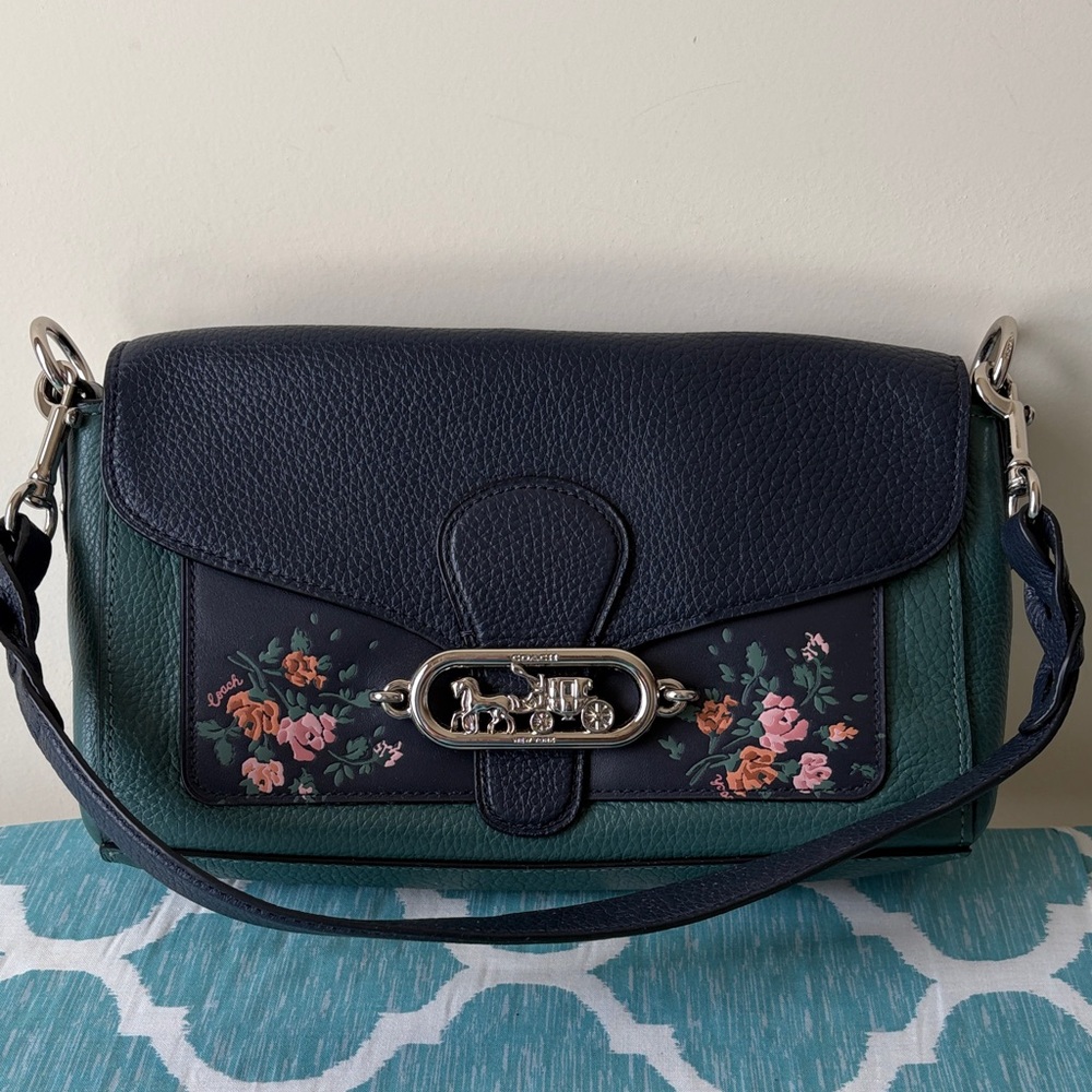 Coach Navy and Forest Green Floral Shoulder Bag